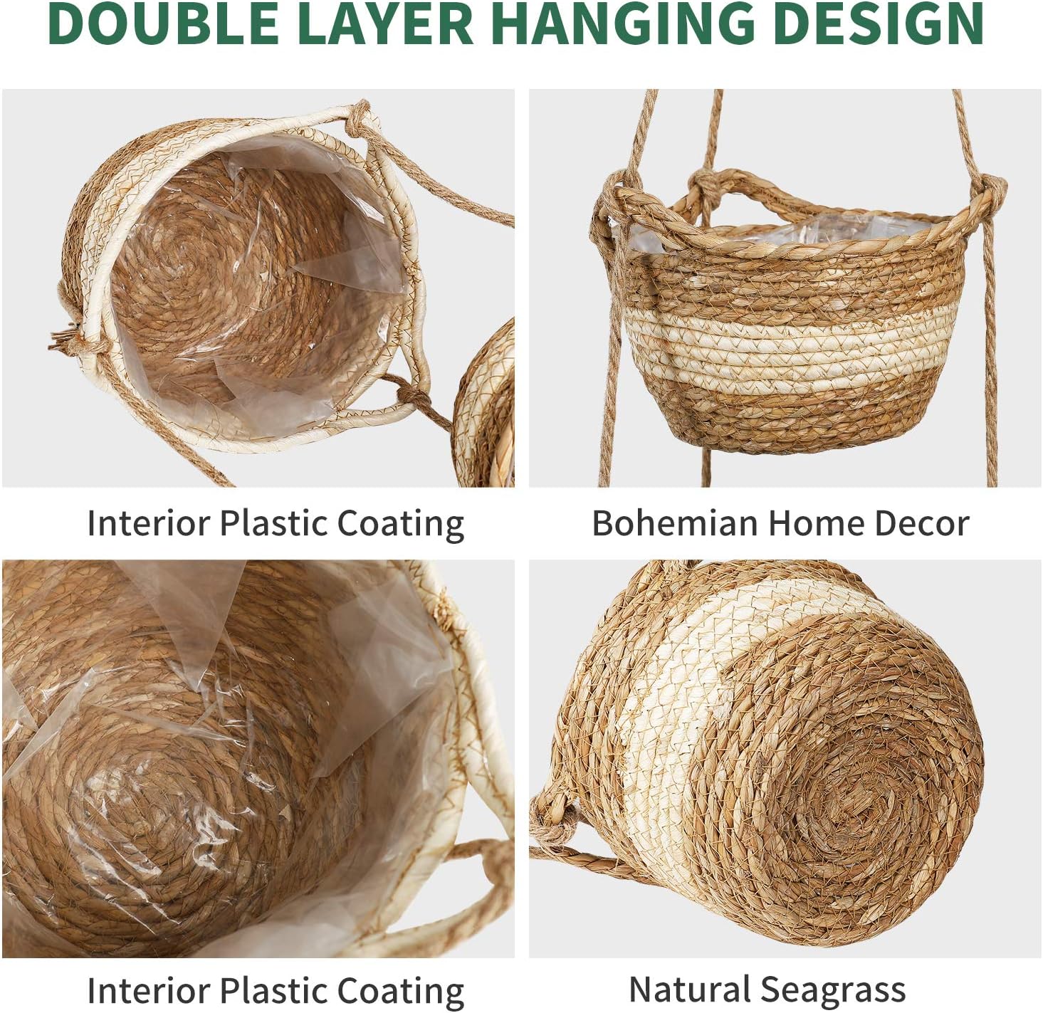 Seagrass Hanging Planters Basket Indoor - Hanging Two Layers Natural Seagrass Basket Flower Pot Holder Containers Storage Organizer with Waterproof Plastic Liner, 53 Inch Long (Brown&Beige): Garden & Outdoor