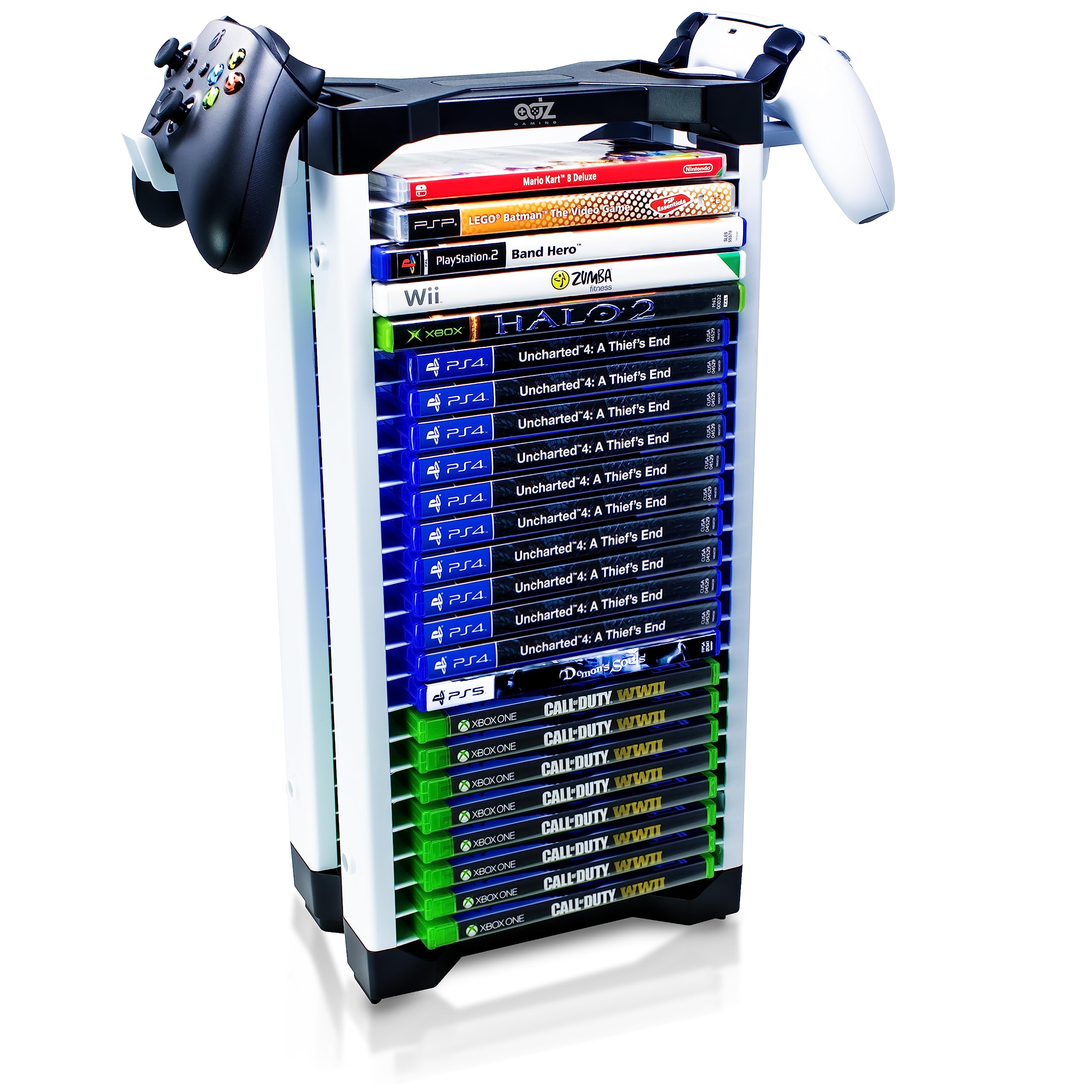 Photo 1 of ADZ Universal Game Holder – 23 Game Storage Tower Rack for PS2 PS3 PS4 PS5 PSP Xbox 360 Xbox One Series X Wii Switch Games DVD and Blu-Ray Disks. Includes 2 Controller Mounts