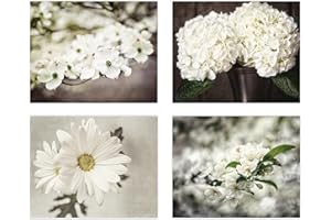 LISA RUSSO FINE ART - Shabby Chic Beige Brown Off White Flower Photo Prints - Set of 4 SMALL 5x7” Unframed - Botanical Art - Country Nature Floral Pictures For Bathroom, Bedroom, Nursery Wall Decor