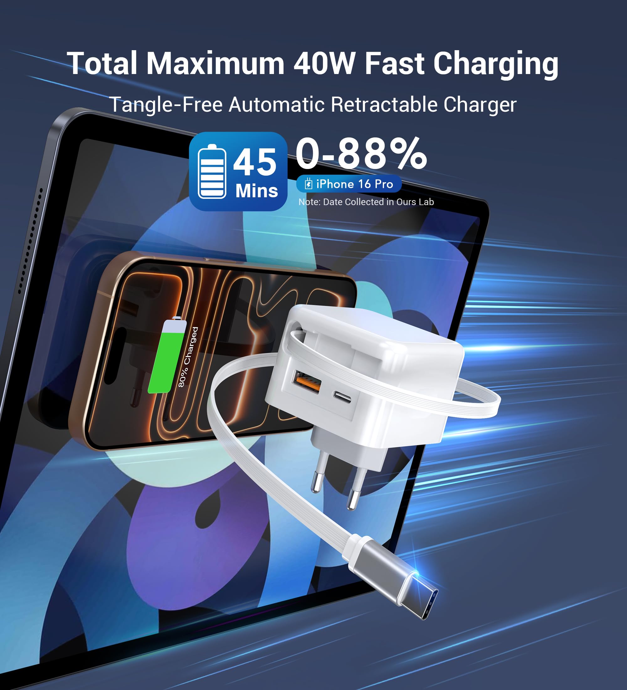 40W USB C Ladegerät mit Einziehbarem Kabel, 3-Port Schnellladegerät PD Netzteil USB C Adapter, Tragbarer Ladestecker für iPhone 17/16/15/14 Pro Max, Galaxy S25/S24/S22, iPad, Switch, Handys usw 4