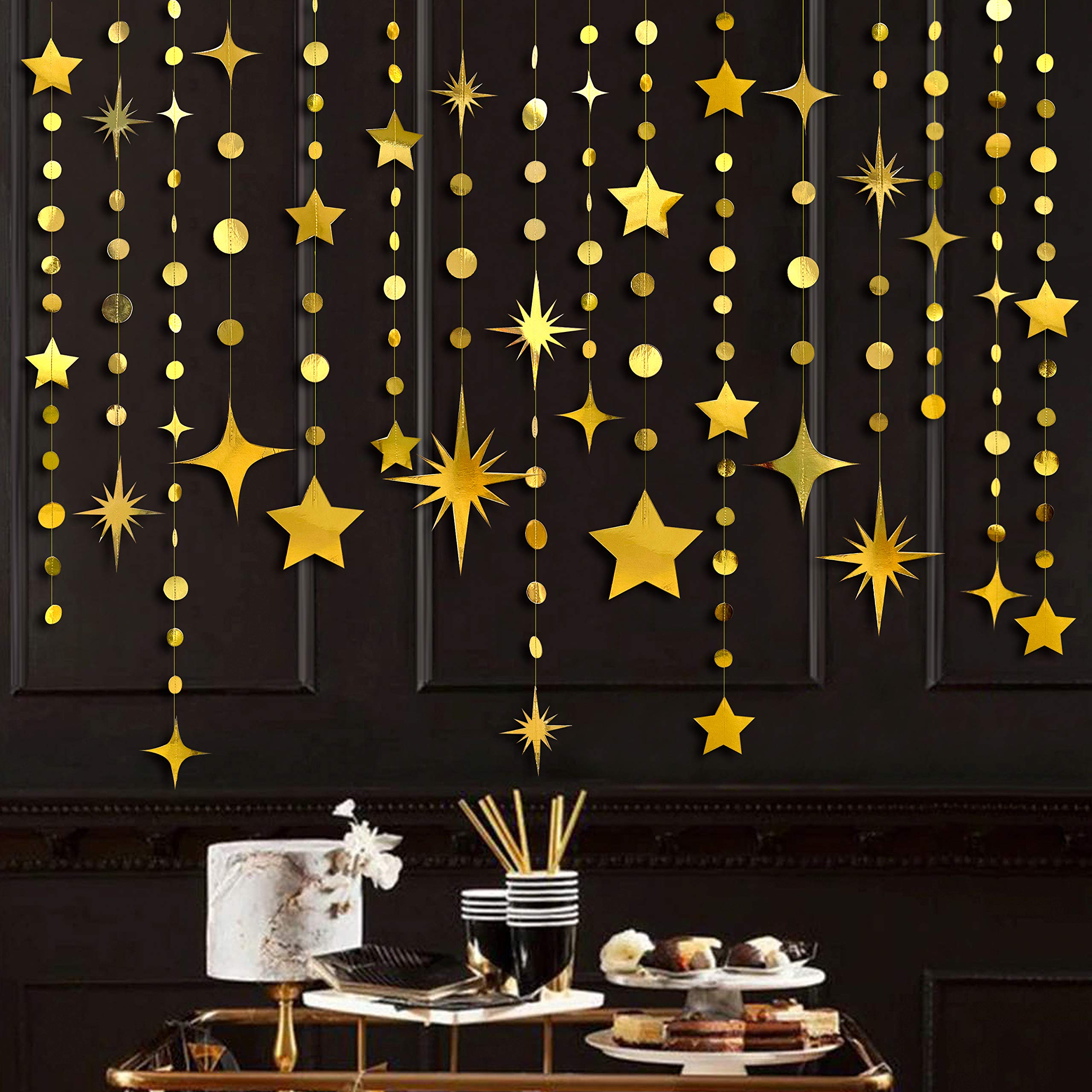 Gold Party Decorations Star Circle Dot Paper Garland Banner Bunting Streamer Metallic Hanging Twinkle Star Decoration for Birthday Baby Shower Wedding EID Ramadan Mubarak Graduation Kids Room Decor