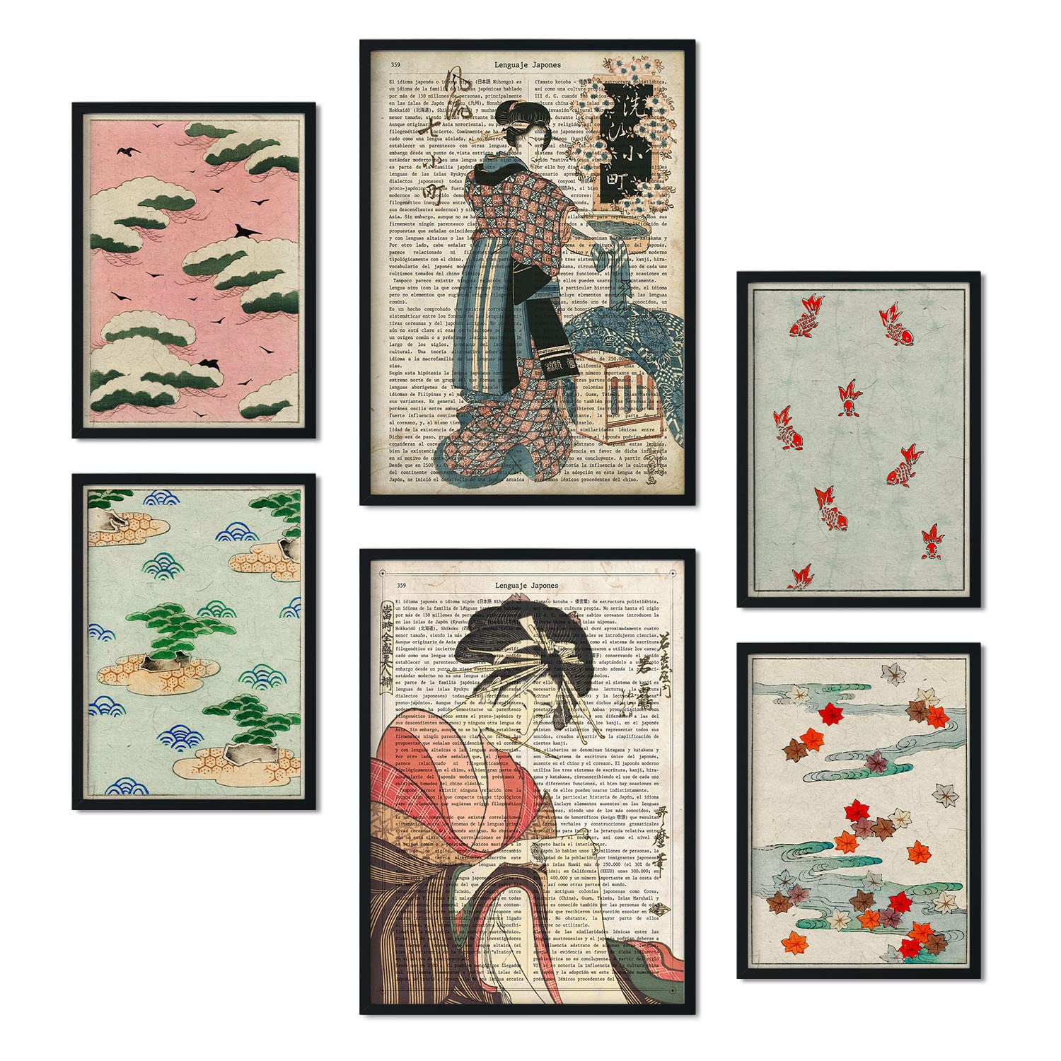 Nacnic Set of 6 posters of Japan. Collection of plates with aesthetic collage for interior decoration. Sizes A3 and A4. Frameless.