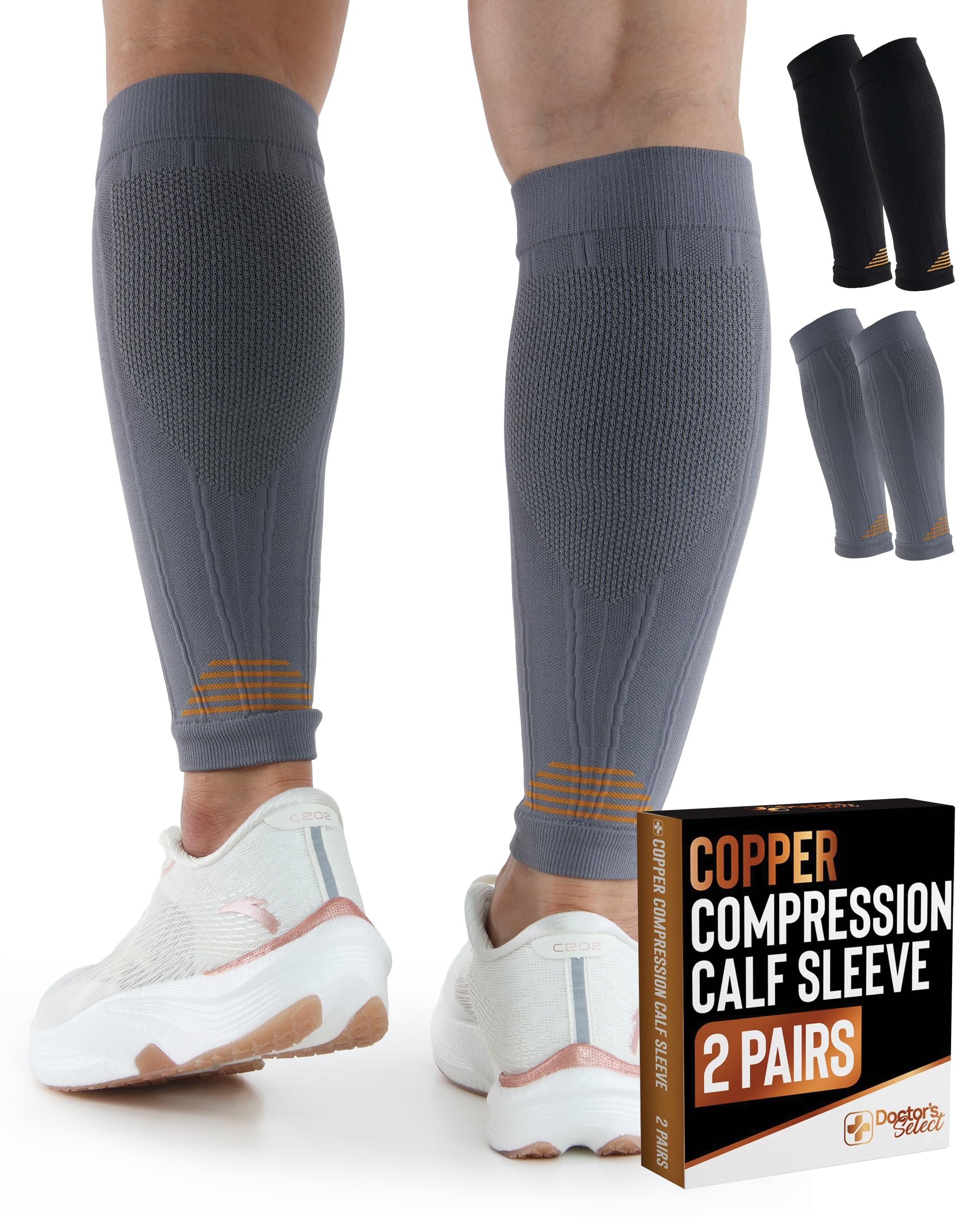 Photo 1 of Doctor's Select 2 Pairs Copper Calf Compression Sleeve - Calf Sleeve Basketball, Shin Splint Compression Sleeve, Leg Compression Sleeve, Black and Gray