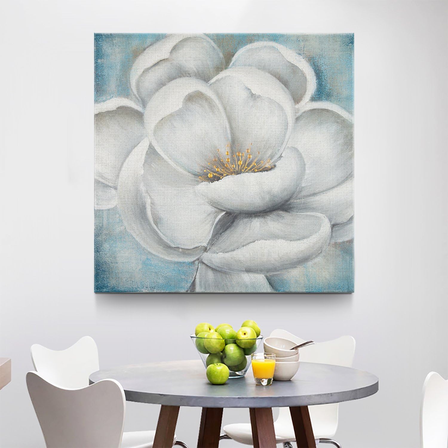 Amazon Com Hand Painted Vintage Flowers Oil Paintings Prints Framed Floral Canvas Wall Art Still Life Artworks For Modern Home Decoration Ready To Hang Square Gold Bud White Blue Posters Prints