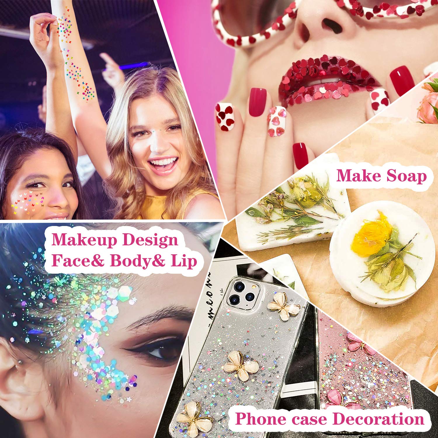 48 Colors Dried Flowers Nail Art Butterfly Glitter Flake 3D Holographic, Tufusiur Dry Flower Nails Sequins Acrylic Supplies Face Body Gifts for Decoration Accessories & DIY Crafting: Beauty