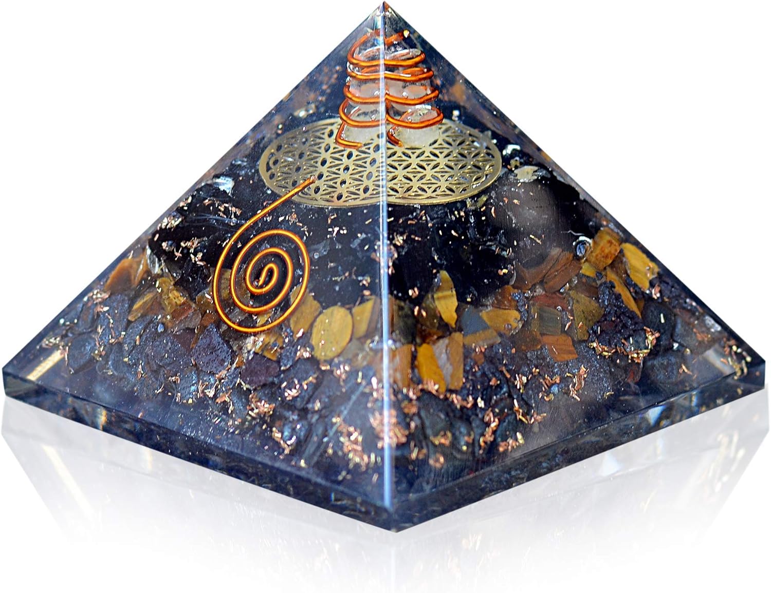 Wall Décor - Orgonite Crystal Triple Protection Orgone Pyramid with Black Tourmaline, Tiger Eye and Hematite Crystals – Flower of Life Pyramid Dispels Negative Energy to Promote Luck and Prosperity