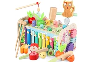 Lterfear 10 in 1 Montessori Toys for Toddlers, Wooden Hammering Pounding Toy with Whack A Mole Game, Xylophone, Fishing and Fruit Recognition Baby Brithday for Toddlers