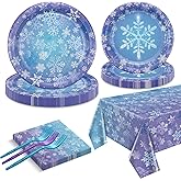 QUERICKY Winter Snowflake Party Supplies for 20 Guests, Disposable Tableware Set Includes Paper Plates, Napkins, Forks, Tablecloth for Girls Princess Party Christmas Winter Holiday Party Decorations