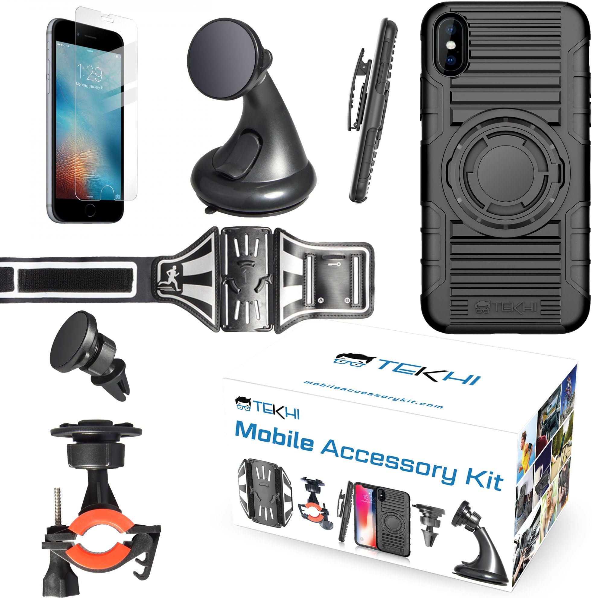 iPhone 8 Plus Bundle Accessory Combo Set Kit - Includes: Silicone Protective Case + Bike Mount + Running Armband + Car Magnetic Air Vent Mount + Car Windshield Holder+ Screen Protector + Clip Holster