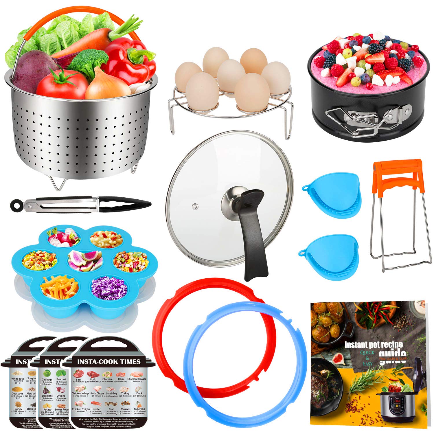 3-Quart-Accessories-Set with Tempered Glass Lid Sealing Rings Compatible with Instant Pot Mini 3, Including Steamer Basket Springform Pan Egg Rack Trivet for 3 Qt Instapot, Cookbook, Cover