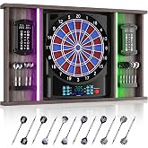 Yirinatek LED Stylish Wooden Cabinet Electronic Dart Board Set for Adults | 8 Player LED Color Indicator, Full Kit with 12 Darts, Premium Wood Decor Electric Dartboard for Game Room, Home Bar &amp; Party