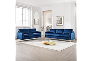 DEOLME Sofa and Loveseat Set 2 Piece, Comfy Velvet Tufted Couch and Loveseat Sets Living Room Furniture Sets with Gold Leg, Modern Couches Sofas Sets of 2 Love Seat for Bedroom Office Juego De Sala (Navy)