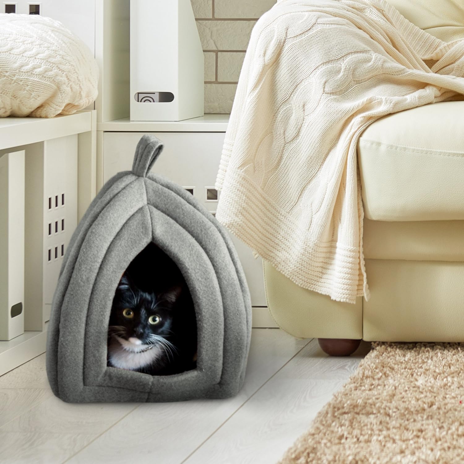 PETMAKER Cat Pet Bed, Igloo- Soft Indoor Enclosed Covered Tent/House for Cats, Kittens, and Small Pets with Removable Cushion Pad (Grey) : Pet Supplies