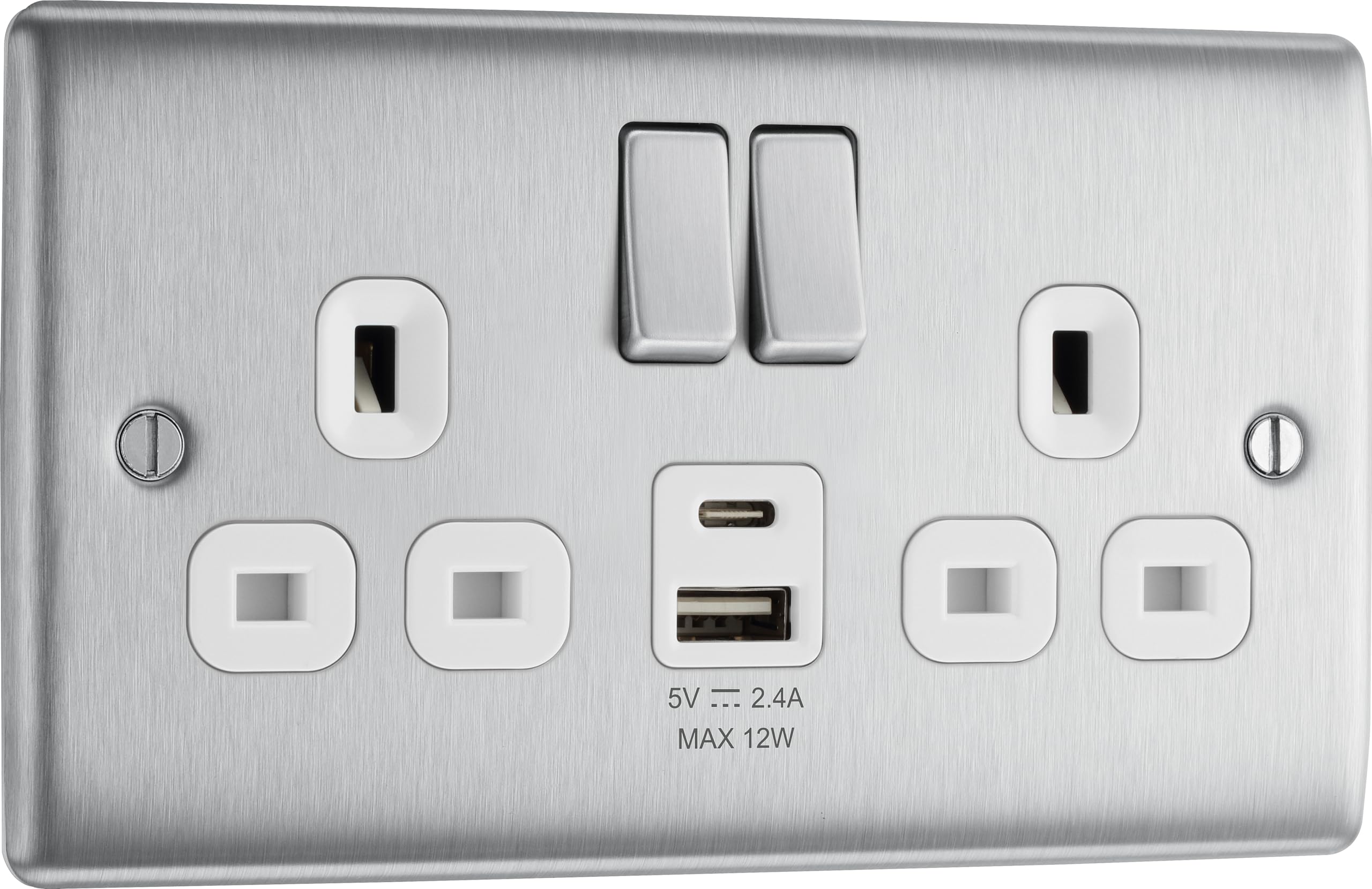 BG Electrical 12W Double Switched Power Wall Plug Socket with Type A and Type C USB Charging Ports, Nexus Metal, Brushed Steel, White Inserts, 13A, NBS22UAC12W