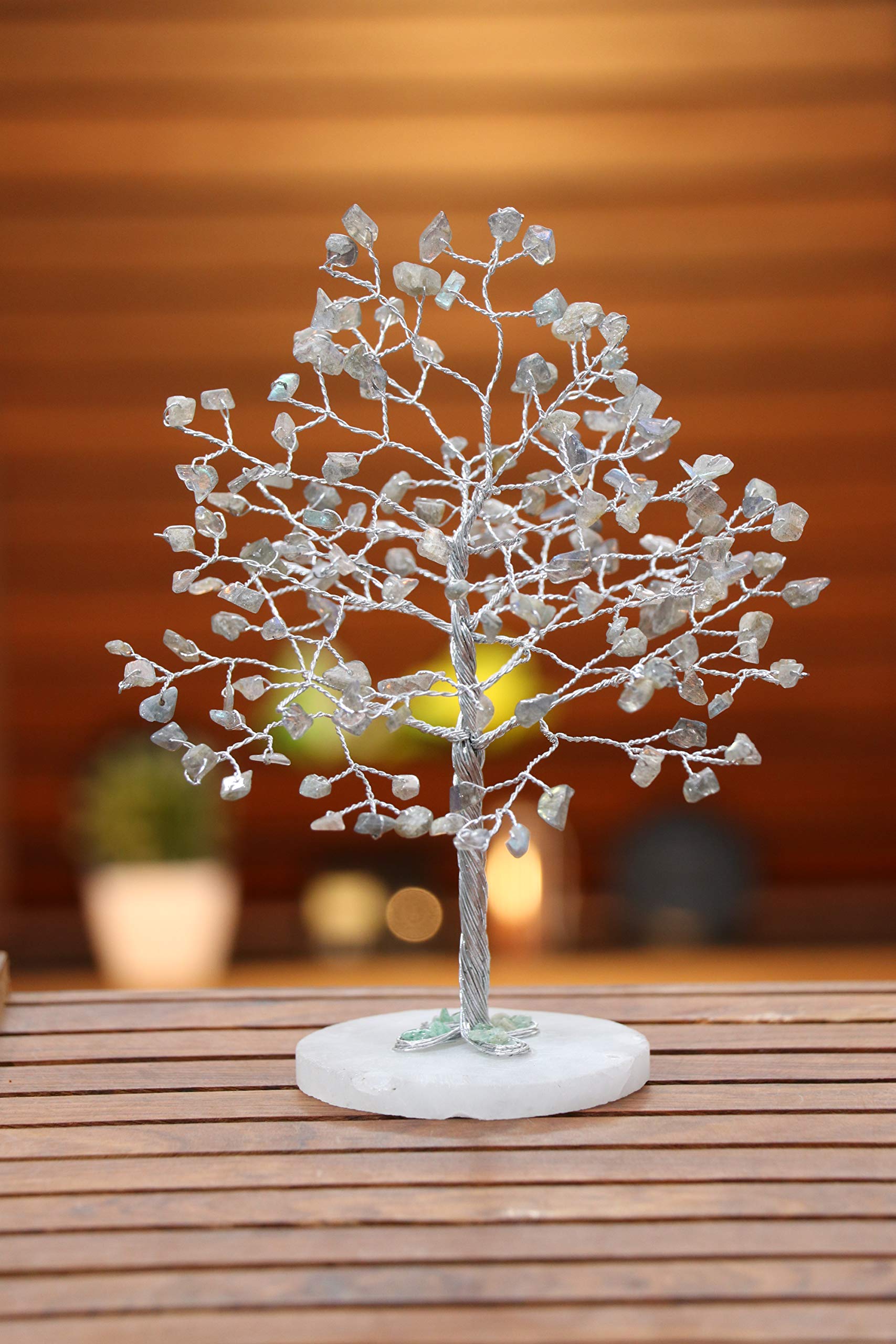 FASHIONZAADI Labradorite Gemstone Tree With White Round Slice Base Tree For Feng Shui Bonsai Money Tree Ornaments Lucky Charm Best Home Decor Spiritual Gift Size :- 7-8 Inch Approx. (Silver Wire)