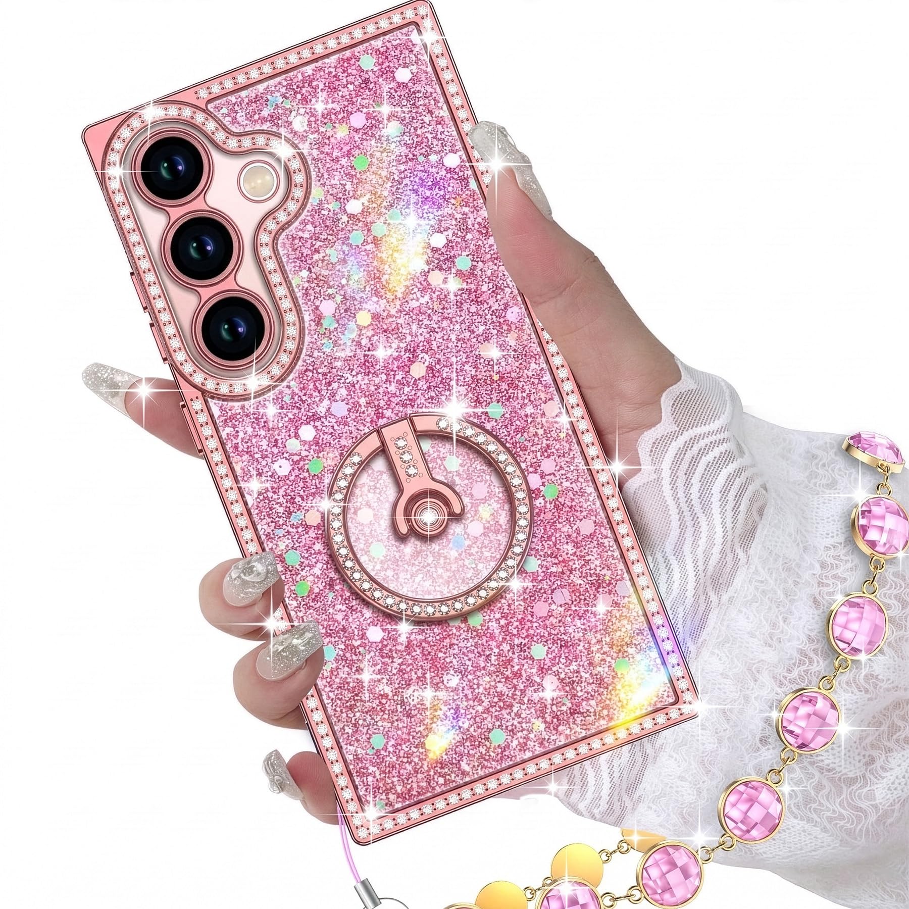 Miss Arts for Samsung Galaxy S26 Case with Ring Stand, Glitter Sparkle Phone Case for Women Girls, Rhinestone Luxury Protective Cover for S26, Pink