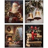 DOFQZ Rustic Christmas Wall Art Prints Set of 4, Christmas Home Room Decor, Vintage Winter Xmas Santa Bell Fireplace Tree Books Posters for Home Bedroom Living Room Decor, 8x10 Unframed