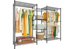 LEHOM G6 Wire Garment Rack Heavy Duty Clothes Rack Compact Size Armoire Storage Rack Freestanding Metal Clothing Closet Wardrobe with 3 Hanger Rod and 4 Large Shelves 4 Small Shelves, Black