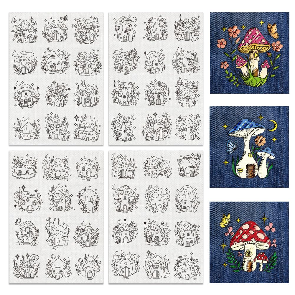 BENECREAT 4Sheets 48Pcs Mushroom Hut Water Soluble Embroidery, 29.7x21cm Stick and Stitch Embroidery Paper Stabilizer Water Soluble Hand Sewing for Shirts, Coats, Bags
