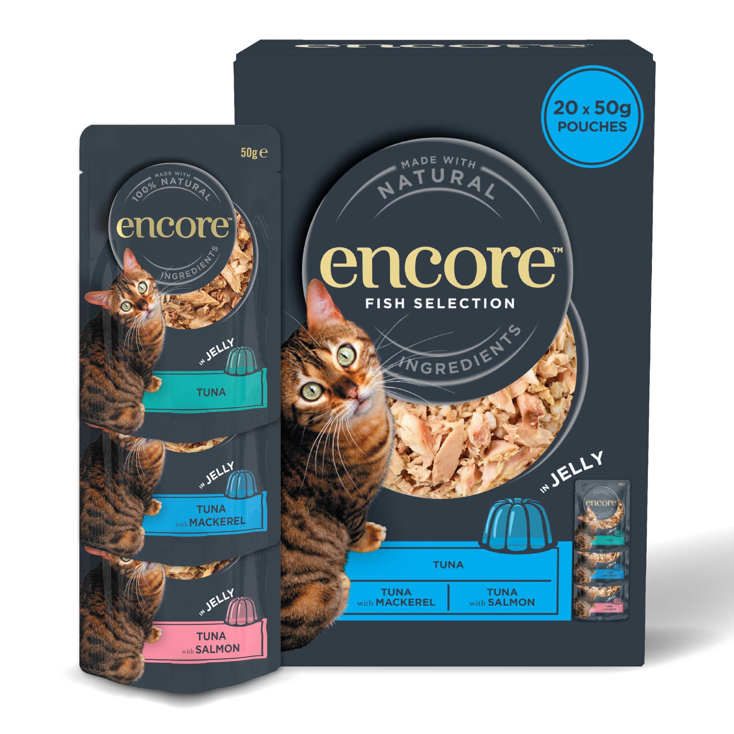 Encore Natural Wet Cat Food, Multipack Tuna with Fish Selection in Jelly 5 x 50g Pouch, Pack of 4 (Packing May Vary)