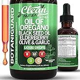 Clean Nutra Oil of Oregano Drops Black Seed Oil Elderberry Vitamin D D3 K2 Olive Garlic Immune Support Supplement Wellness Formula Zinc Supplements Liquid 2 Fl Oz BotaniGuard Vegan, Non-GMO