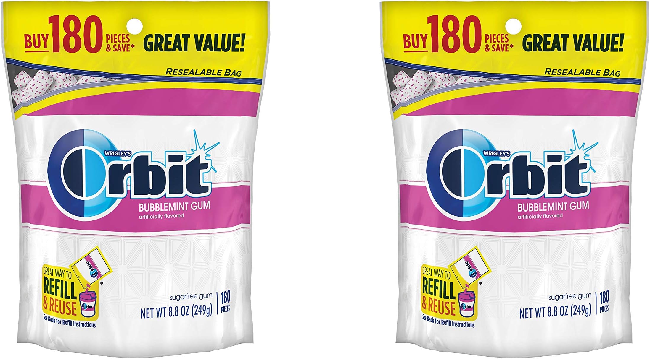 Orbit Bubblemint Sugarfree Gum, 180 piece bag, 3 Pack
