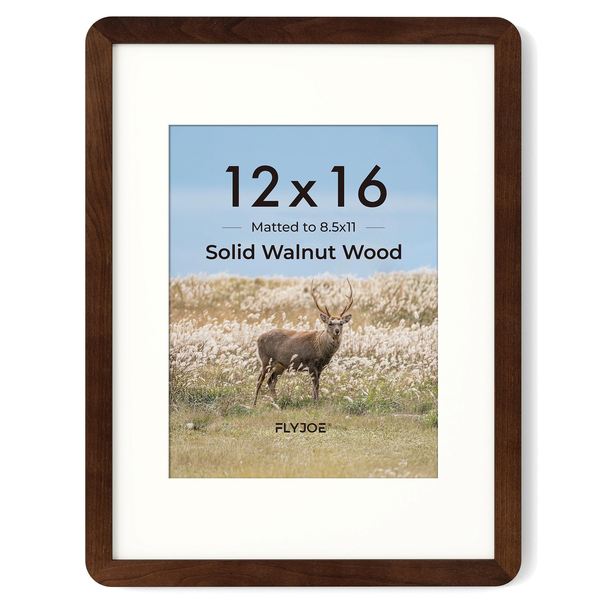 Photo 1 of FLYJOE 12x16 Picture Frame - Solid Walnut Wood 12''x16'' Poster Frame, 12x16 Picture Frame With Mat For 8.5x11, Tempered Glass and Hanging Hardware Included, 16 By 12 Frame Wood, Natural Walnut
