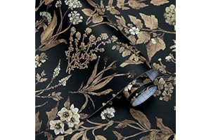 Dimoon 236"x17.3" Delicate Smooth Black Golden Floral Peel and Stick Wallpaper Flowers Contact Paper Thicken Waterproof Leaf Vintage Self Adhesive Wallpaper Removable Wall Paper Shelf Vinyl Roll