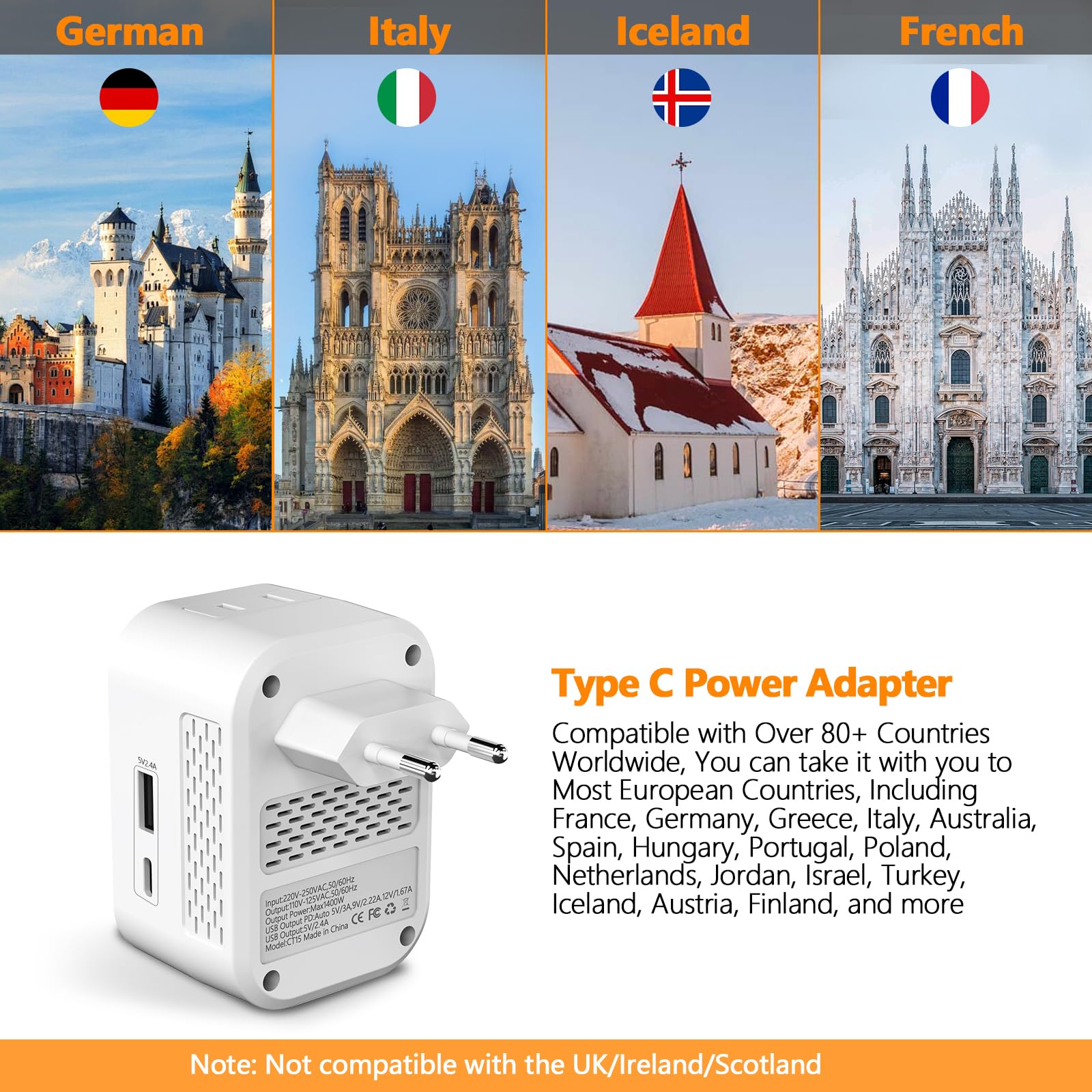 220V to 110V Voltage Converter US to Europe International Universal Travel Adapter, 20W PD With 2 USB-A 2 USB-C Port, Worldwide Power Converter Plug Combo US to Spain Italy Greece WHITE-N