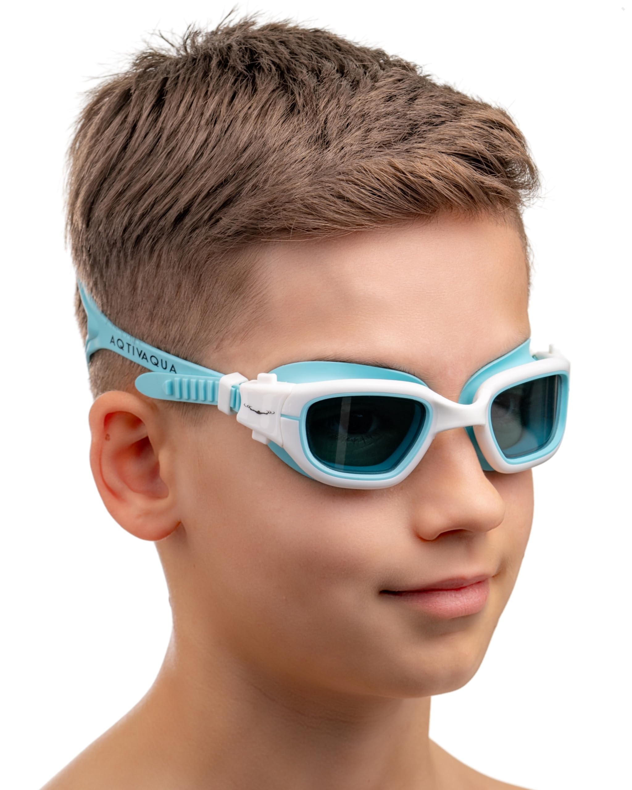 AqtivAqua Kids Swimming Goggles Kids 6-14 3-6 Swim Goggles for Childrens Girls Boys MINI-DXC (Blue&white, Transparent lenses)