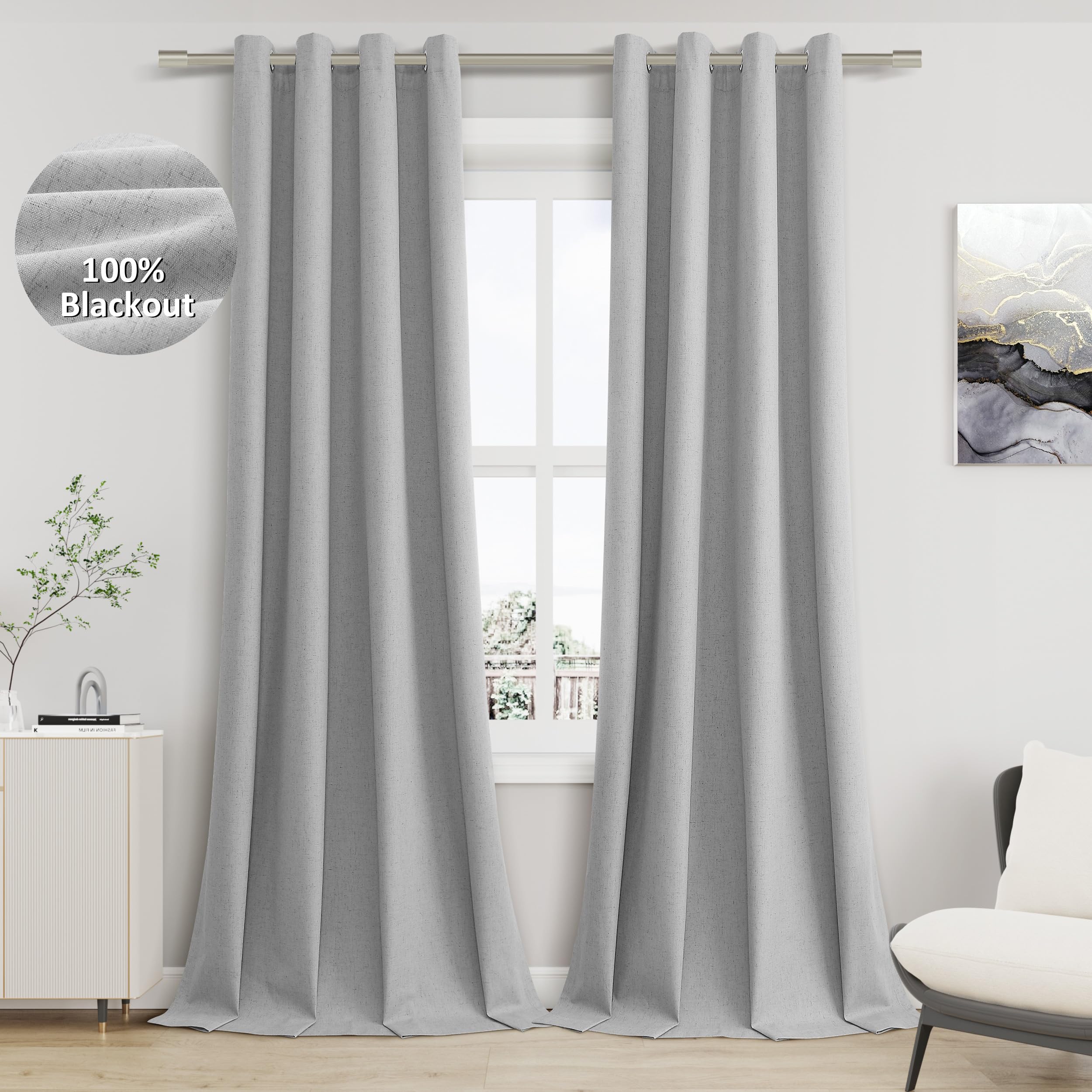 Photo 1 of Jowels Grey Linen Blackout Curtains 102 Length 2 Panels Set for Living Room Bedroom, 100% Black Out Thermal Insulated Linen Drapes, Room Darkening Grommet Curtains 102 Inches Long