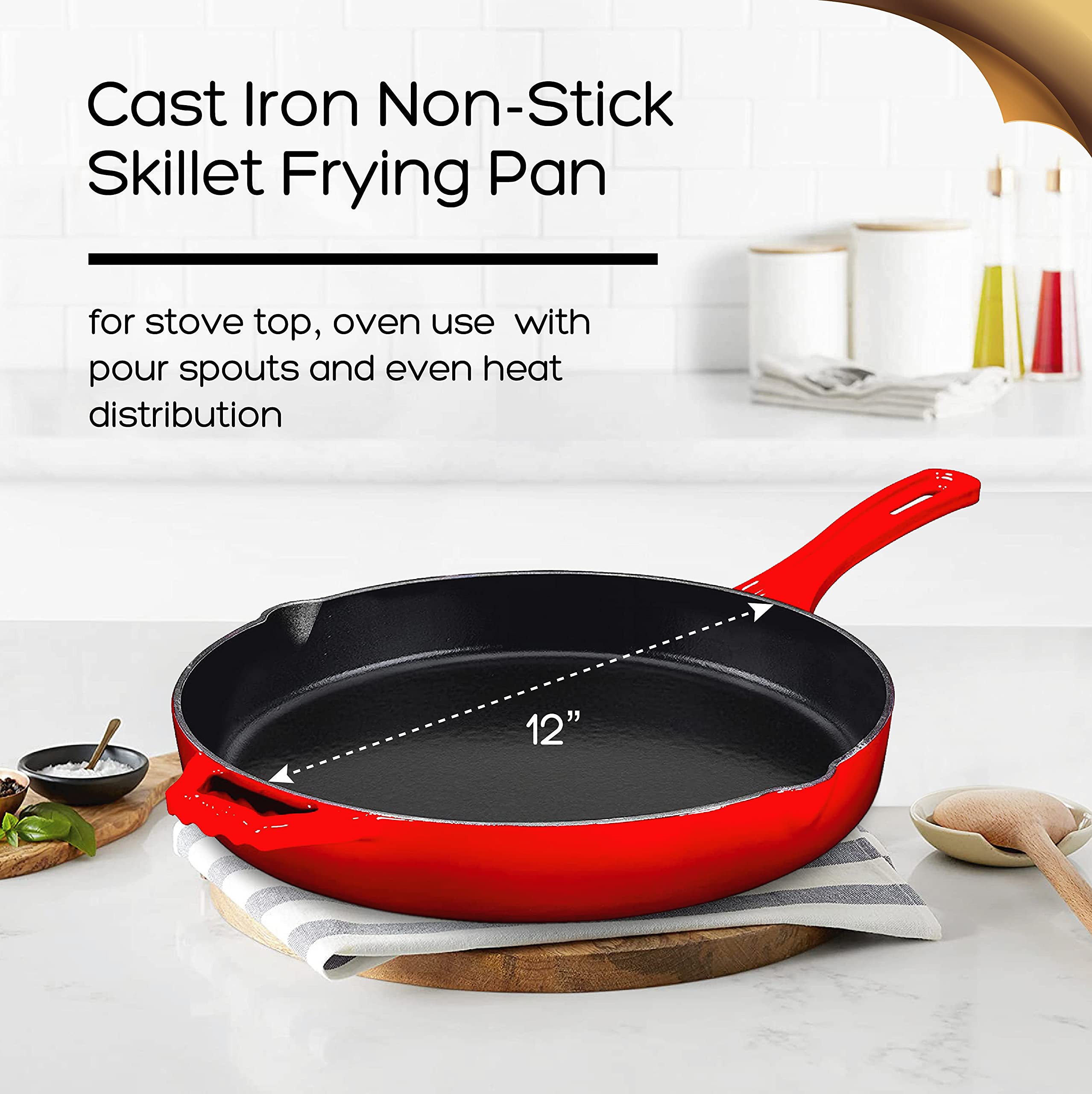 Bruntmor 12-Inch Enameled Cast Iron Skillet - Pre-Seasoned Frying Pan for Cooking, Grilling, and Baking - Smooth Nonstick Cast Iron Pan - Oven Safe and Durable Cookware for Versatile Use - Red