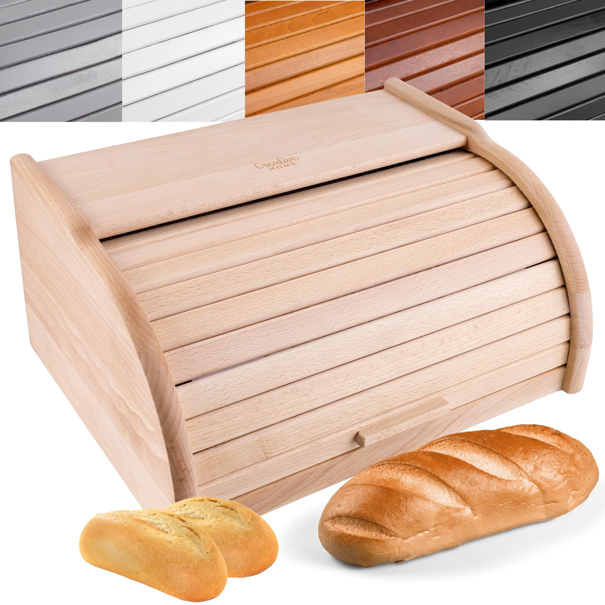 Creative Home Wooden Bread Bin Unpainted | 38 x 28.5 x 17.5 cm (+/- 1 cm) | Natural Beech Wood | Bread Box Container with Roll-Top Lid | Wooden Kitchen Storage box
