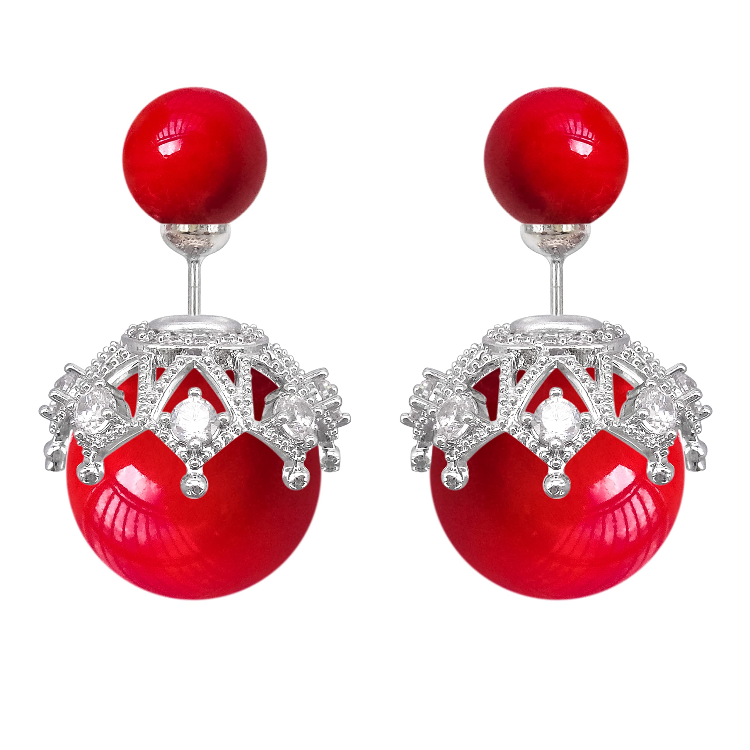 Hiqmic 925 Sterling Silver Post Fashion Double-sided Pearl Ear Stud Earrings White Gold Plated Jewelry Gifts for Women, WA90109-S Red