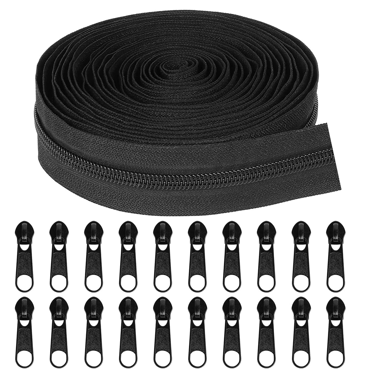 TBACW 5 Yards Bulk Zipper, #5 Zippers for Sewing, #5 Black Nylon Coil Zipper by The Yards, Replacement with 20PCS Sliders for DIY Sewing Craft Bags (Black)