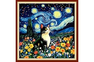 Redxing Stamped Cross Stitch Kits Embroidery kit for Beginners Adults Full Range of Embroidery Patterns Starter Kits DIY Printed Cross Stitch Kits Needlepoint Kits 11CT-Van Gogh Starry Cat 18x18 inchs