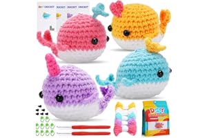 kgxulr 4 Pcs Colorful Whale Crochet Kit, Beginner Crochet Kit, Cute Crochet Starter Kit with Video Tutorial, Crochet Hooks, Colored Yarns, Stitch Marker Complete Crochet Set (Purple&Blue&Red&Yellow)