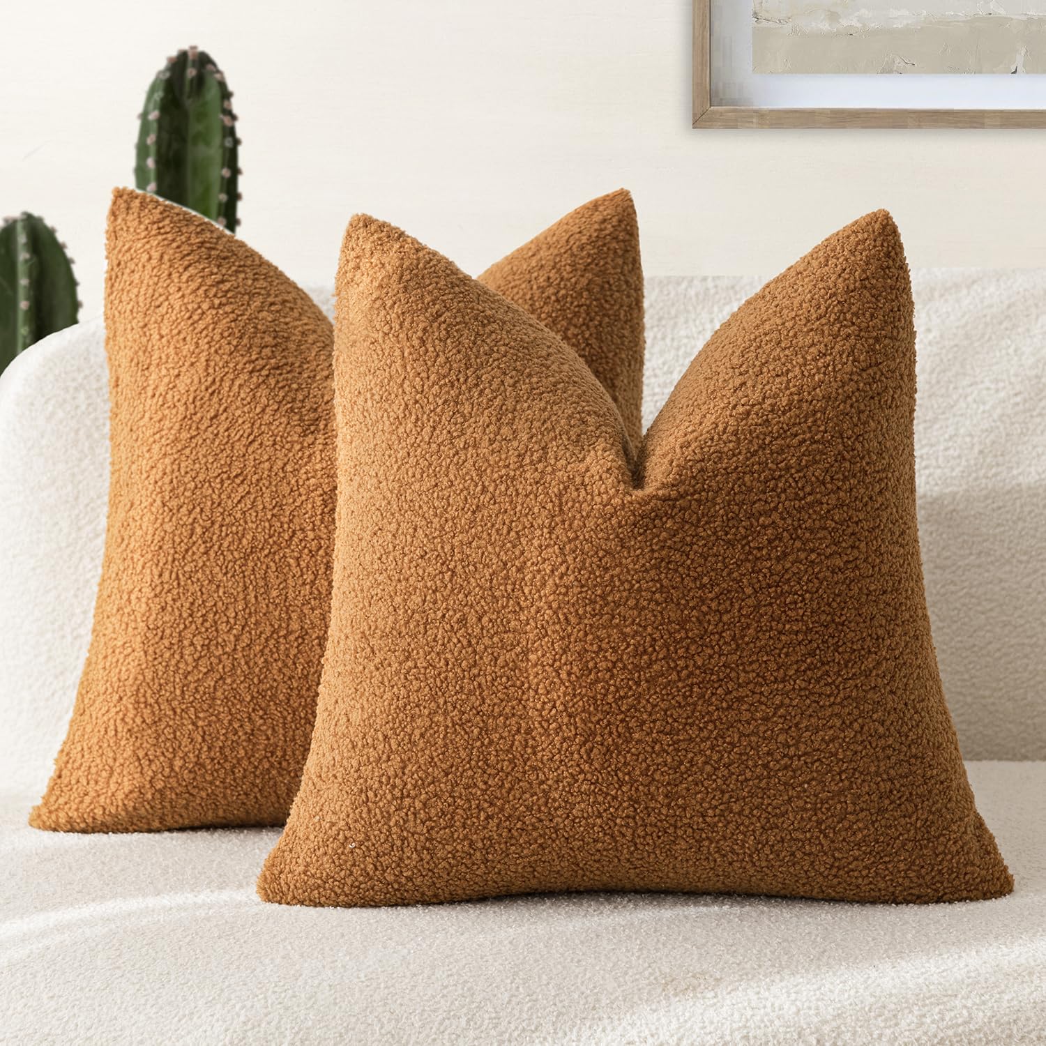 Photo 1 of Foindtower Pack of 2, Curly Faux Fur Decorative Throw Pillow Covers Soft Fuzzy Plush Cushion Case with Zipper Cozy Pillowcase for Home Living Room Couch Bed Sofa 16 x 16 Inch, Bronze
