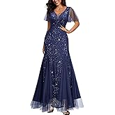 Miusol Women's Sequin Lace Deep-V Neck Tulle Mermaid Hem Evening Party Maxi Dress