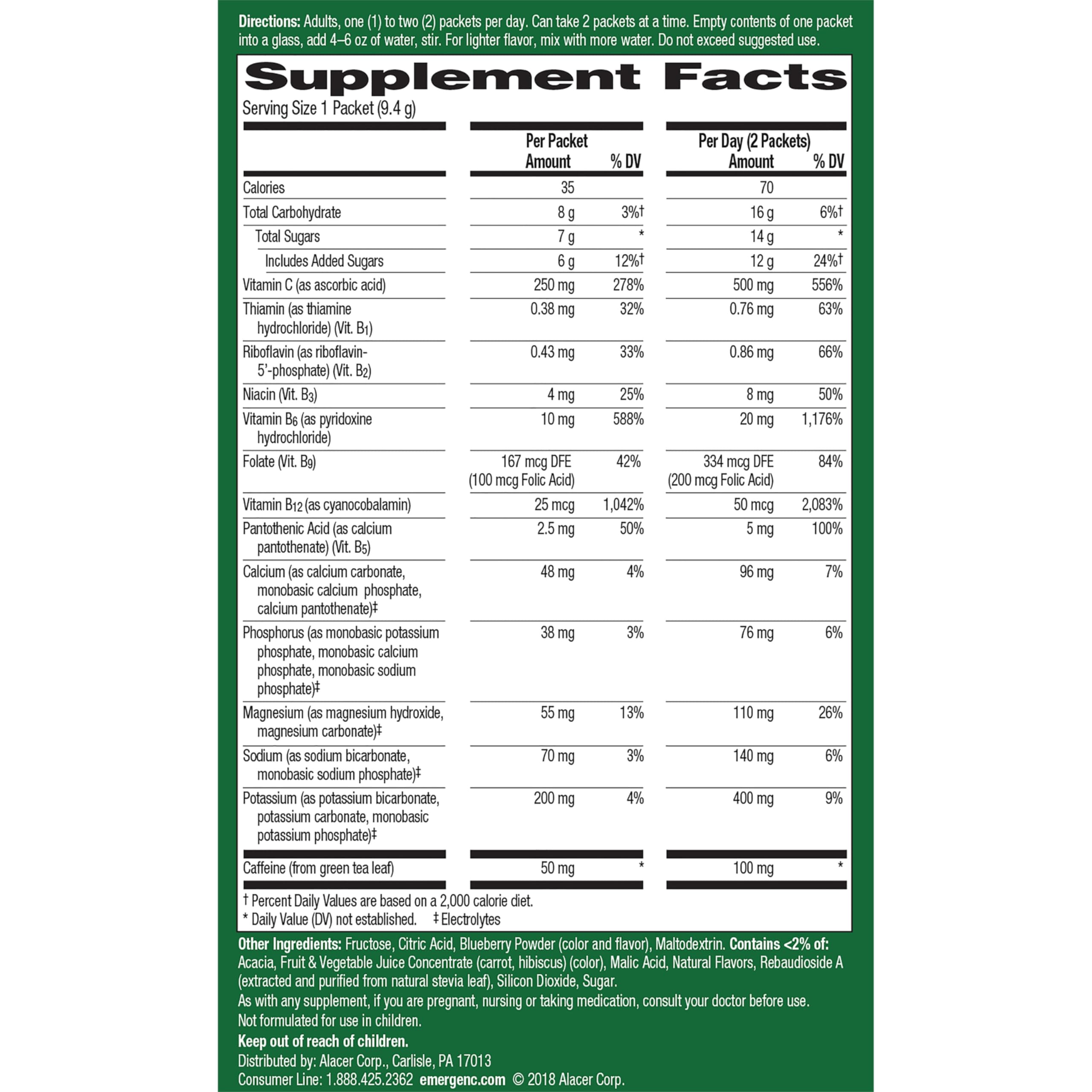 Emergen-C Energy+, With B Vitamins, Vitamin C And Natural Caffeine From Green Tea(Blueberry Acai Flavor) Dietary Supplement Drink Mix, 0.33 Ounce Powder Packets(Pack of 18)