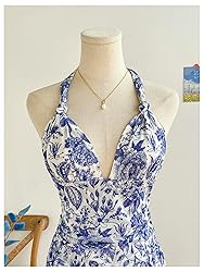BEAUDRM Women's Floral Print Sleeveless Halter Deep