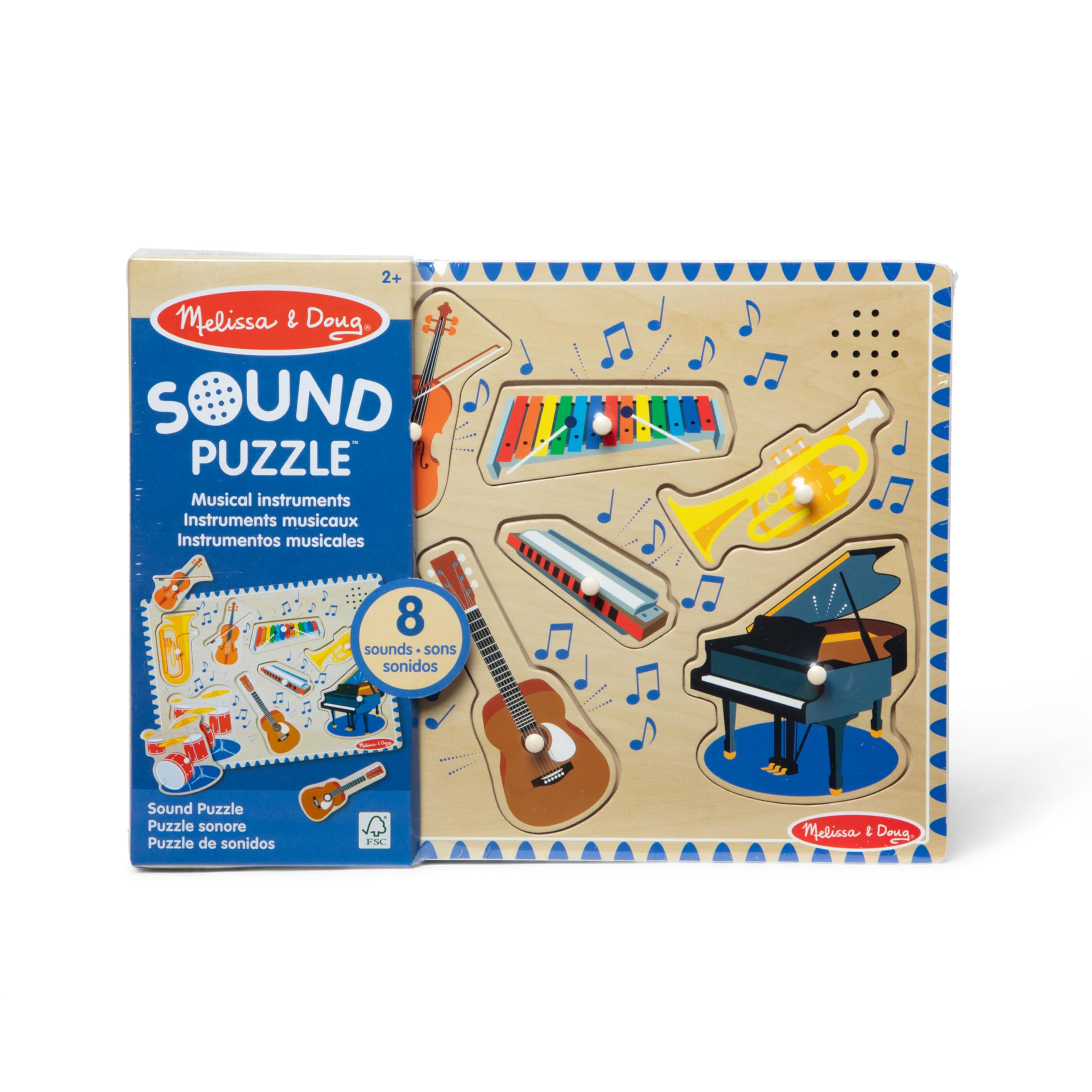 Melissa & Doug Musical Instruments Sound Puzzle - Wooden Peg Puzzle with Light-Activated Sound Effects (8 pcs) Wooden Peg Baby Music Learning Toys, for Toddlers and Preschoolers Ages 2+