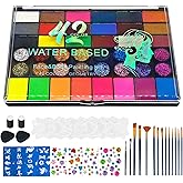 Professional Face Painting Kit, Water-Based Non-Toxic Makeup Set with Stencils, Gems, Brushes for Halloween, Carnival, Parties, School Events, Festivals (42 Colors)