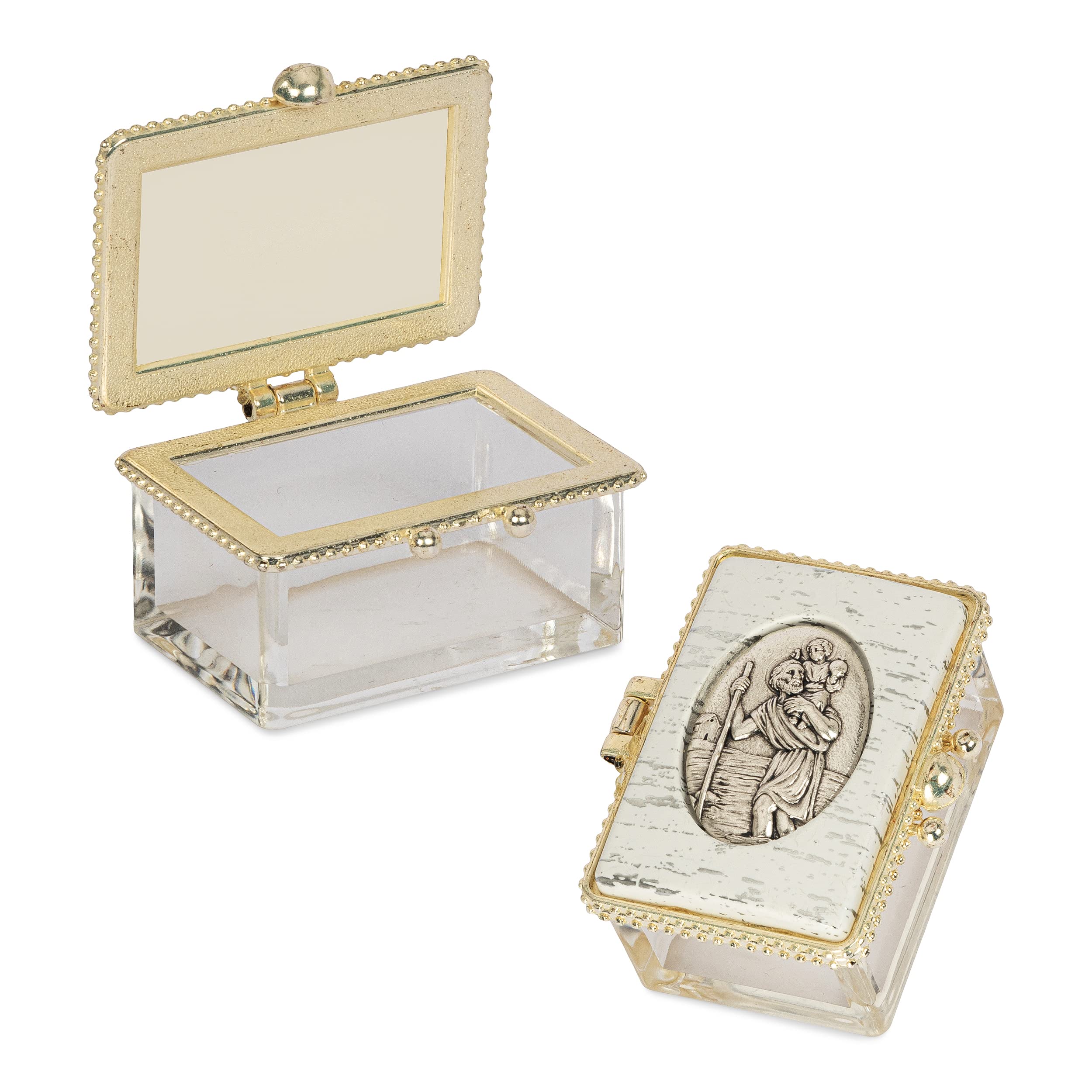 NKlaus Glass Rosary Tin transparent hinged lid pearl white Christoph 5x3x3cm 2538