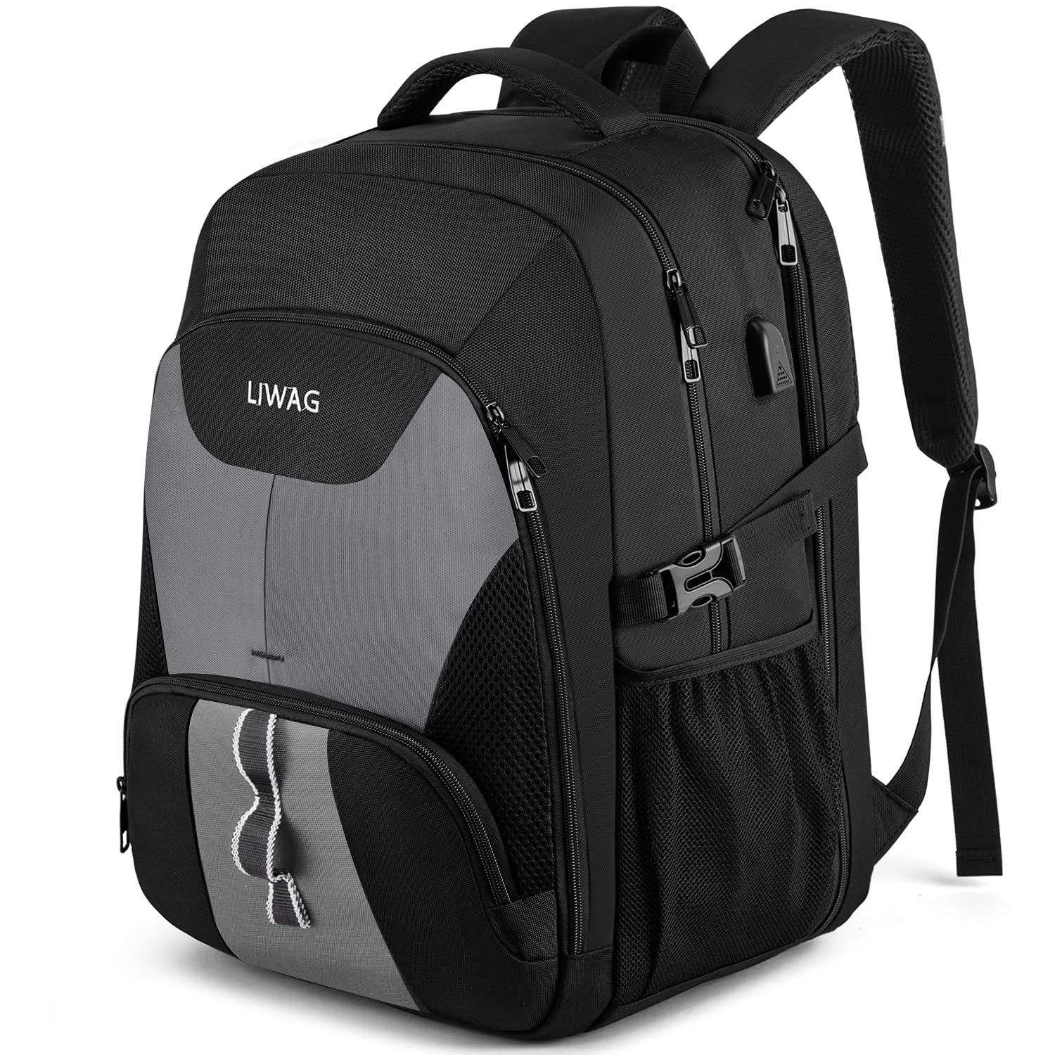 LIWAG Extra Large 50L Travel Laptop Backpack,Work Bag with USB Charging Port, Anti Theft Business Rucksack,Water Resistant College School Computer bag Gifts for Men & Women, Fits 17 Inch Laptop-Grey