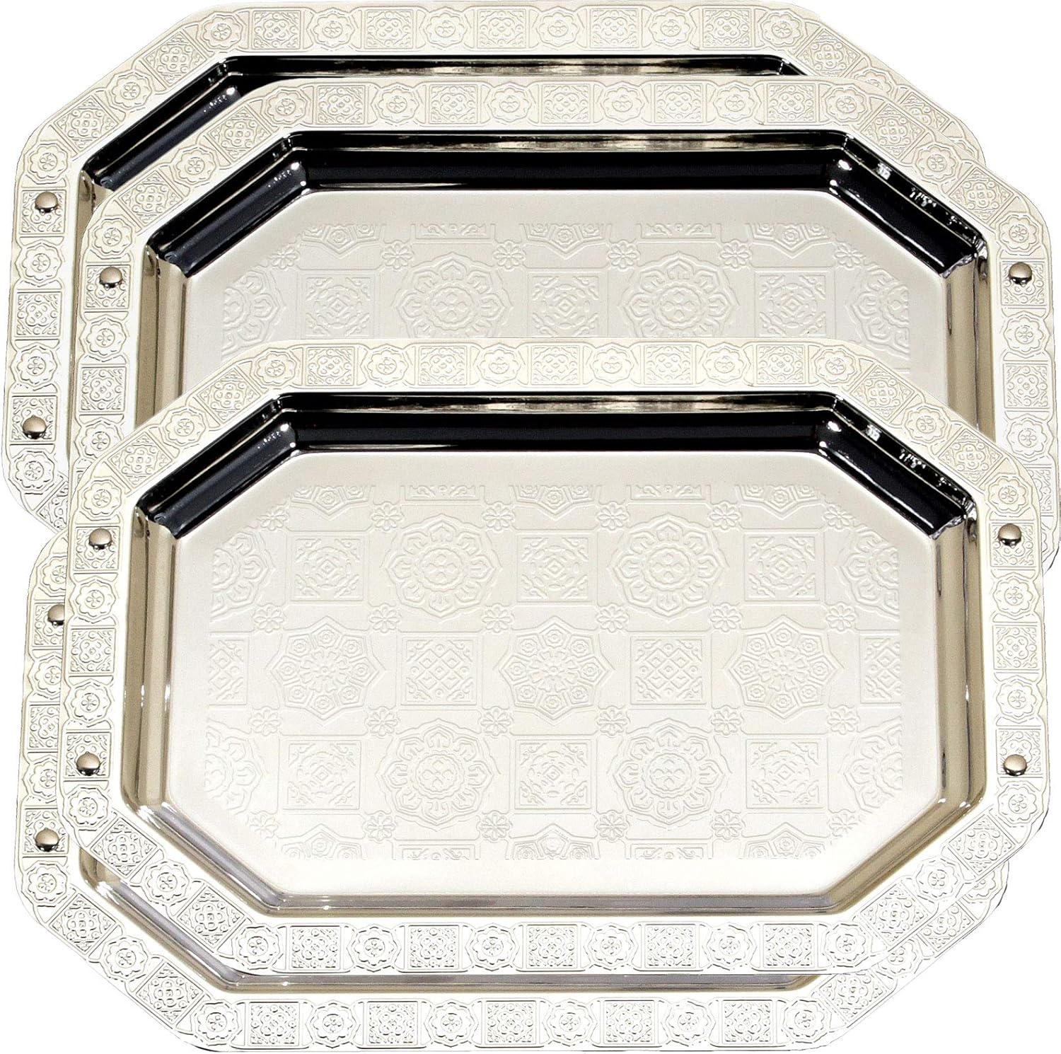 Maro Megastore (Pack of 4) 14.6-Inch x 10.6-Inch Octagonal Chrome Plated Serving Tray Edge Floor Brick Engraved Decorative Holiday Wedding Birthday Dessert Snack Wine Candle Platter Plate 209 TS-240