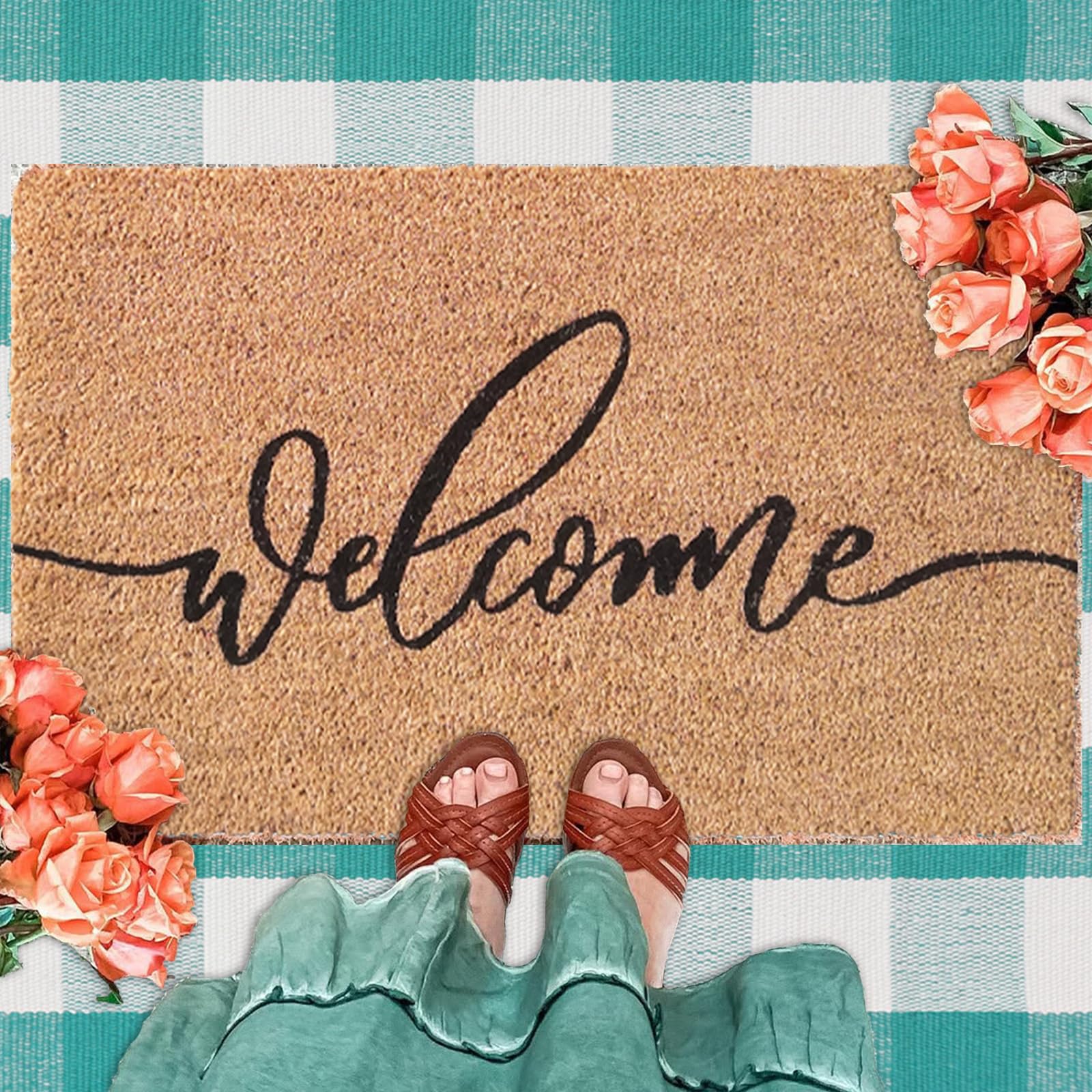 Fallovea Spring Welcome Door Mats Combo Set, 100% Coco Coir Doormat + 28" x 43" Green and White Plaid Rug, Front Porch Entryway Decor Indoor Outdoor Floor Easter Mats - Image 3