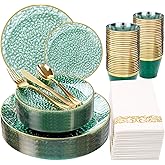 Rubtlamp 175 Pcs Green Plastic Plates Dinnerware Set (25 Guests), Hammered Plates Sets, Green Plastic Party Plates Set include 50 Disposable Plates Set, 75 Gold Plastic Silverware, 25 Cups 25 Napkins