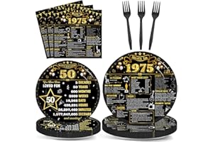 CHUNNIN 96Pcs 50th Birthday Plates and Napkins Back in 1975 Party Decorations Black Gold 50 Year Old Party Dessert Plates 1975 Tableware for 24 Guests 50th Theme Men Woman Birthday Supplies