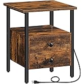 HOOBRO End Table with Charging Station, Bedside Table with 2 Drawer & USB Port & Type-C Port, Nightstand for Small Spaces, Stable and Sturdy, for Living Room, Rustic Brown BF43UBZ01
